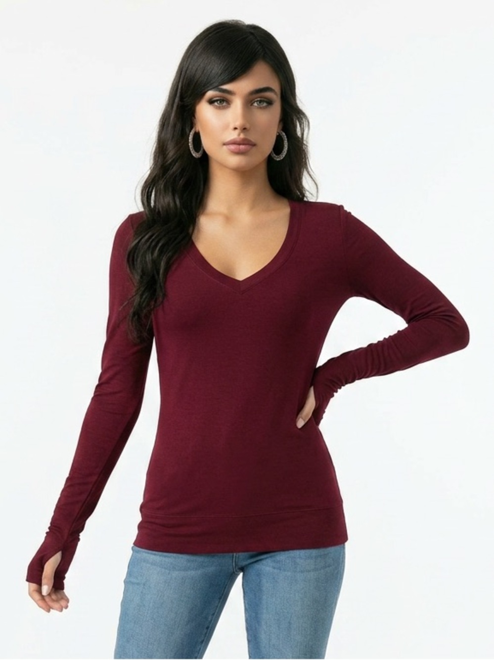 Revolve LA Made Womens Medium Slub Jersey‎ Top Burgundy V Neck Thumbholes NWT